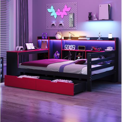 Cama infantil 90x200 cm - Sofá cama - Con escritorio, 2 cajones, LED, USB y Tipo C - En madera - Negro y rojo (1/5)