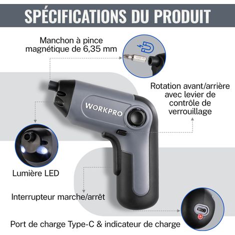 Workpro – Perceuse-visseuse sans fil 3,6V 6Nm – Batterie 2000 mAh avec charge rapide Type-C – 21 embouts et barre d'extension – Lumières LED intégrées — vue 3