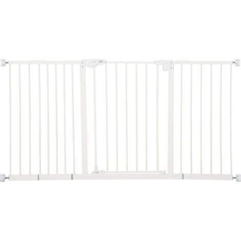 Enclos pour chien - Barrière de sécurité extensible 74-147,5 cm - 3 extensions - Sans perçage - Métal blanc - Pour animaux