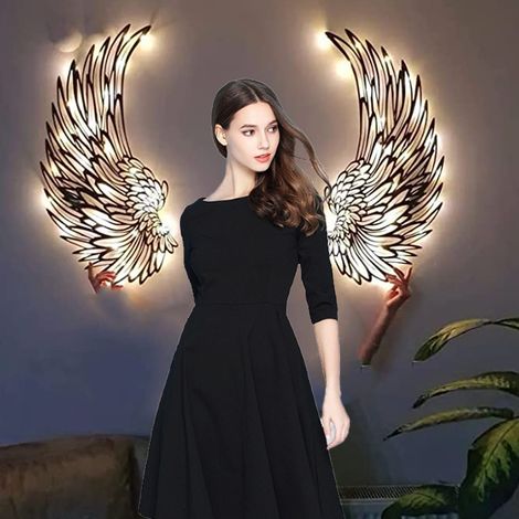 Decoración de pared con forma de pluma de ángel de metal, pluma de ángel de metal iluminada con luces LED para el hogar, la oficina y el jardín. (1/5)
