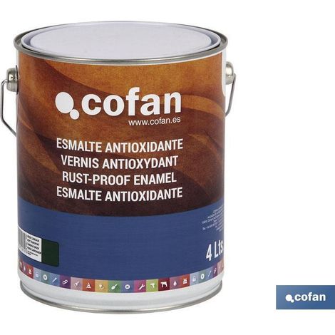 COFAN esmalte antioxidante negro brillo (4l) , Esmalte antioxidante en color blanco brillo, negro brillo, verde carruaje y gris plata. De fácil aplicación sobre óxido u otros metal