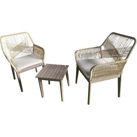 GARDENIA Set bistrot Ilaria, struttura in acacia e acciaio, con corda in PE, composto da: 1 tavolo 40x40xh.40 cm + 2 poltrone 62x62xh.88 cm + cuscini colore ecru' seduta 5 cm in poliestere, colore bei