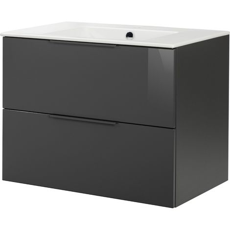 FACKELMANN LUNA Badmöbel Set 2 Teile / Keramik Waschbecken / Waschbeckenunterschrank mit 2 Schubladen / Badschrank mit Soft-Close / hochwertige Möbel fürs Bad / Korpus & Front: Schwarz / Breite: 80 cm (1/5)
