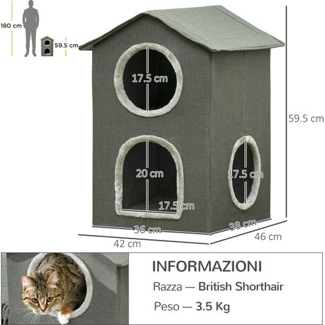Maison pour chat à deux niveaux avec coussins lavables. 3 entrées. 42 x 46 x 59.5 cm. grise (1/5)