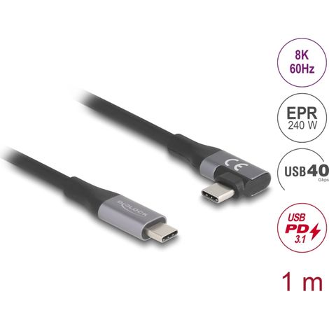 Delock Cable USB 40 Gbps, sesgado hacia la izquierda y hacia la derecha, USB PD 3.1 Extended Power Range 240 W 1 m
