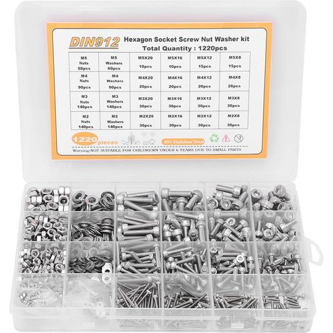 Assortiment de 1220 vis, écrous et rondelles M2, M3, M4 et M5 à tête ronde et six pans creux en acier inoxydable
