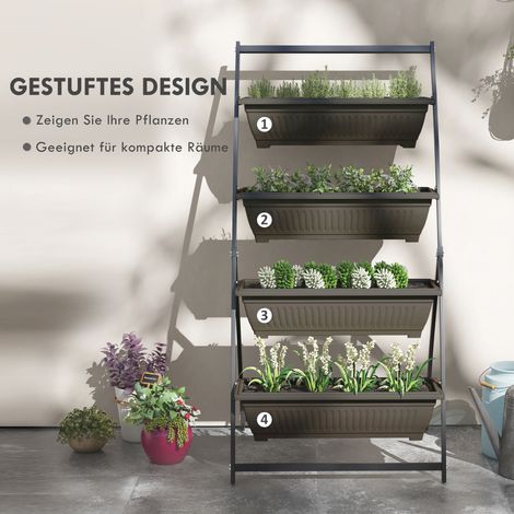 Support à fleurs à 4 niveaux Outsunny, Étagère de plantation escalier avec pots et trous de drainage, cadre en acier revêtu, marron, 76 x 79 x 162 cm, intérieur et extérieur (1/4)