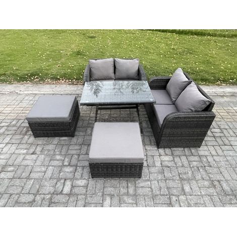Fimous Ensemble de meubles de jardin en polyrotin 5 Pièces avec Table à manger rectangulaire Canapé d'amour 2 Grand tabourets (1/5)