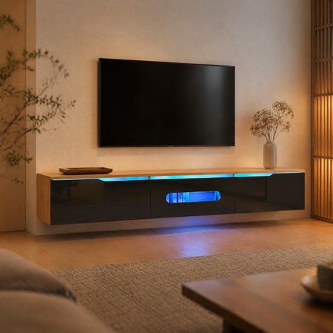 Mueble TV 180x35x30 cm negro y madera, MDF con LED y 3 puertas (1/5)