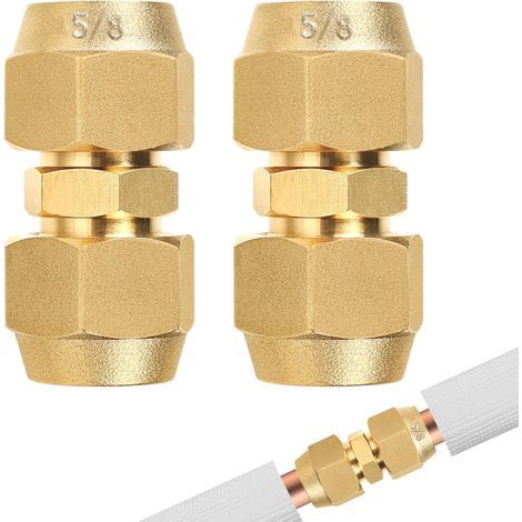 Set of 2 Double Fittings for 5/8" Copper Pipe, Solderless, Reinforced Brass, Air Conditioning (1/5)