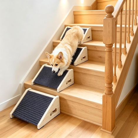 Lot de 4 escaliers en bois pour petits chiens - 30 x 25 x 15 cm - Rampe antidérapante avec surface en moquette - Rampe d'angle bas pour animaux de compagnie - Marches et aide aux escaliers (1/5)