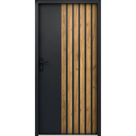 Porte d'entrée pleine en acier H207 x L100 cm anthracite avec rayures effet chêne - épaisseur 68 mm - poussant droit - COBRITA (1/5)