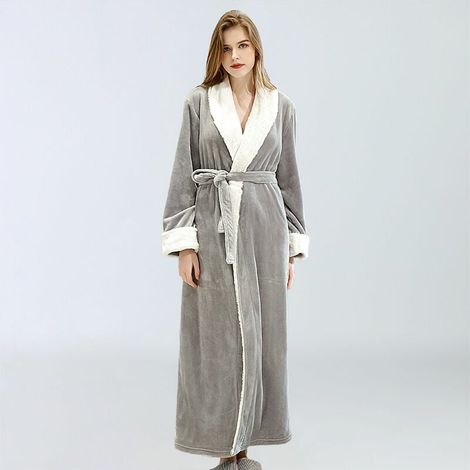 1 peignoir long pour femme, en polaire douce, avec ceinture et poches, idéal après le bain ou au spa (1/5)