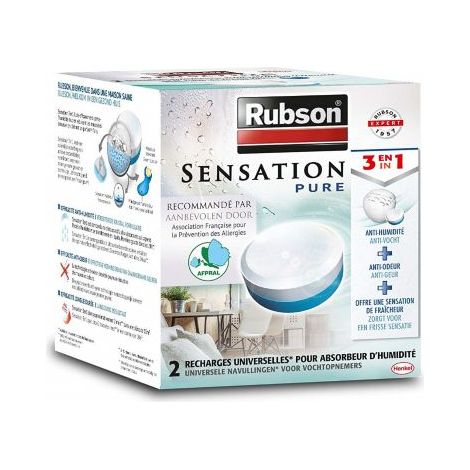 Rubson Sensation Pure, 2 Recharges universelles de 300 g pour absorbeur d'humidité, Recharges 3-en-1 anti-humidité & anti-odeur et qui offrent une sensation fraîche, parfum neutre