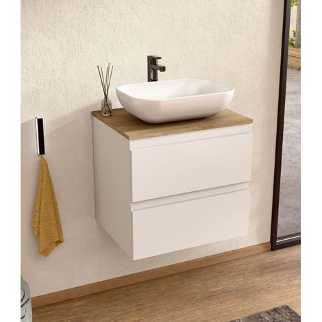 BELLOBATH - Meuble Salle de Bain avec Plan Vasque en Céramique, Meuble Monté avec 2 Tiroirs, 60 x 55 x 46 cm, Meuble Blanc et Plateau Chêne