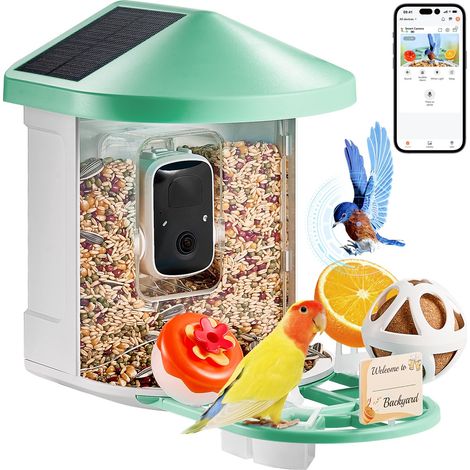 Mangeoire Oiseaux avec Caméra Intelligente 2K HD AI Caméra Identifie 10000 Espèces d'Oiseaux, 2 Panneaux Solaires, Capture Auto, Notification Instantanée, pour Extérieur Amoureux Oiseaux, Vert (1/5)
