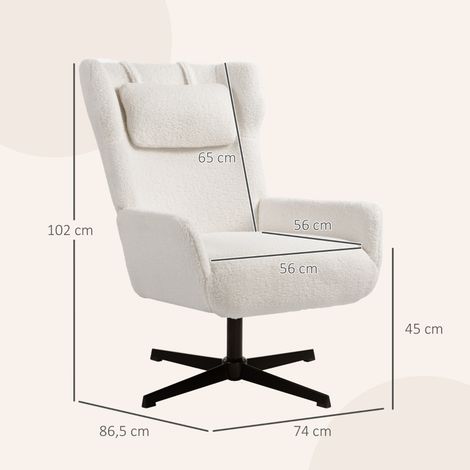 Fauteuil pivotant blanc crème avec cadre en métal, assise rembourrée et housse en polaire, piétement tournant
