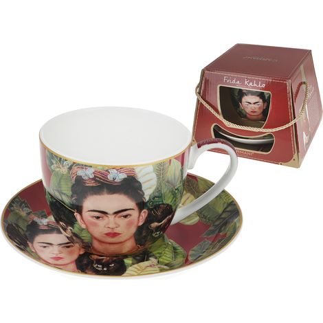 Tazza da colazione con piattino, autoritratto di Frida Kahlo, in porcellana. (1/4)