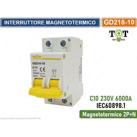 INTERRUTTORE MEGNETOTERMICO PER BARRA DIN 2 MODULI 2P+N 230V CURVA C 6KA 10A