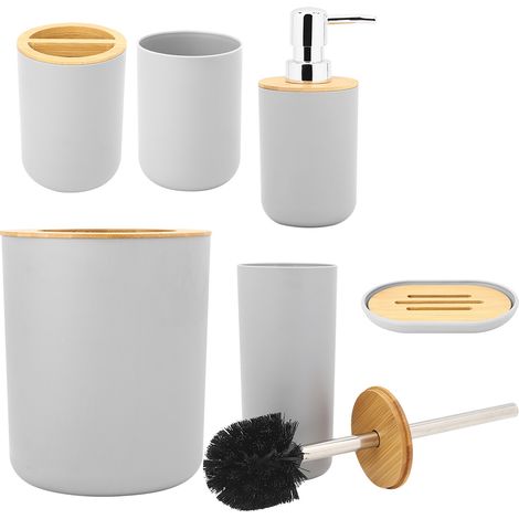 Ensemble de salle de bain 6 pièces en bambou et bois, poubelle, articles de toilette, exclusivité entrepôt à l'étranger, gris (1/5)