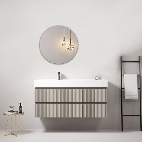 Mobile bagno sospeso cannettato 120 cm Grigio Cenere Lavabo a Sinistra in Resina Specchio Tondo - Fiji Paint (1/4)