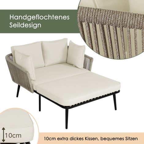 Canapé de jardin avec 2 coussins et 2 matelas, transat d'extérieur, salon de jardin, set de mobilier de balcon, meuble lounge, mobilier de terrasse, coussins amovibles et lavables, tissu beige + corde (1/5)