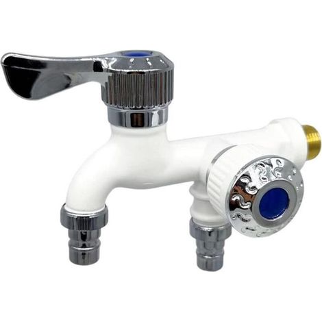 Robinet d'interface universel 1/2 Robinet de contrôle à double sortie, Robinet antigel deux en un pour usage extérieur, Mitigeur de lavabo - Blanc (1/4)