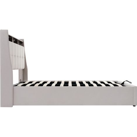 Cama canapé tapizada 140x200 cm con USB y LED, estructura metálica, lino beige claro (1/5)