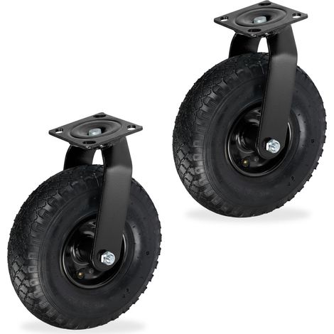 Relaxdays Castor Wheel Set of 2, Pneumatic Tyres 3.00-4, Heavy-Duty, Bolt-on Plate, up to 120 kg, Black
