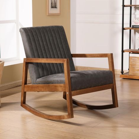 Wahson Rocking Chair in PU Leather Accent Retro Armchair Leisure Padded with Solid Wood Legs for Living Room Bedroom Balcony, Grey