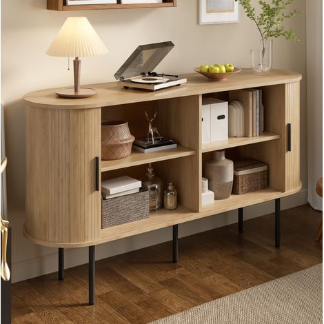 Buffet en MDF coloris naturel 140 x 40 x 78 cm avec portes coulissantes à rideau et pieds en fer (1/5)
