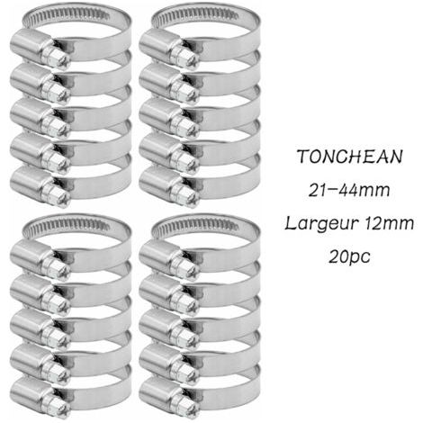 Collier de Serrage Tuyau Réglable 21-44mm Gamme en Acier Inoxydable 304 Assortiment Tuyau Pinces Clips pour Famille Tuyau D'eau, Home Gaz, Tube D'automobiles, Robinet 20 Pièces (12mm)