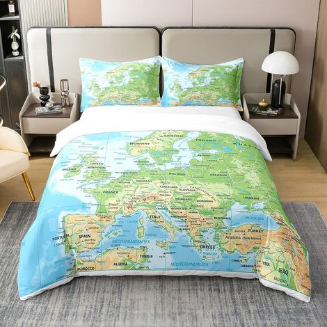 Housse de couette 100 % coton naturel - Motif carte du monde - 155 x 220 cm - Bleu océan - Pour enfants - Motif carte de différents pays - Art abstrait - Décoration de chambre respirante (1/5)