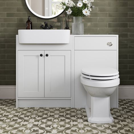 1120mm Bathroom Vanity Unit BTW Toilet Basin Freestanding Soft Close Traditional Black Handles, White (1/5)