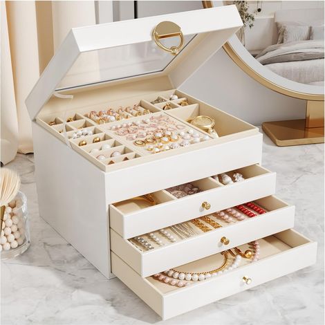 Grande boîte à bijoux avec 4 niveaux - Couvercle transparent - Doublure en velours - Organisateur de bijoux pour boucles d'oreilles, colliers, bracelets - Boîte de rangement moderne pour (1/5)