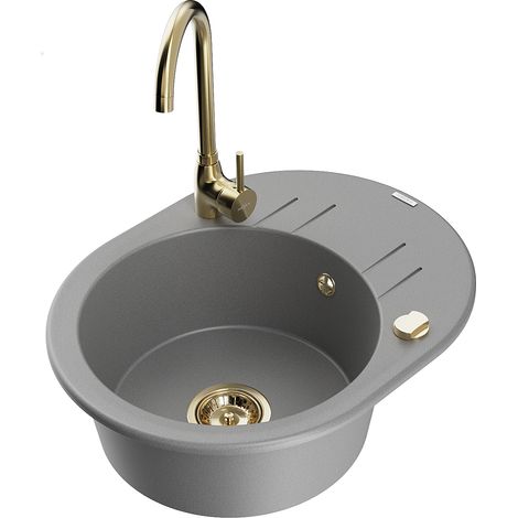 Mexen Kevin fregadero de granito 1-cubo con escurridor y grifo de cocina Telma, gris - 6517-71-670200-50 (1/5)
