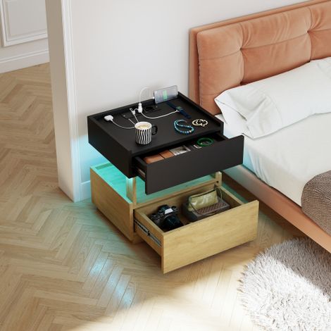 Table de chevet intelligente combinant recharge sans fil, éclairage d'ambiance LED, ports USB et deux tiroirs une table d'appoint moderne pour la chambre (finition noir et bois naturel). (1/5)