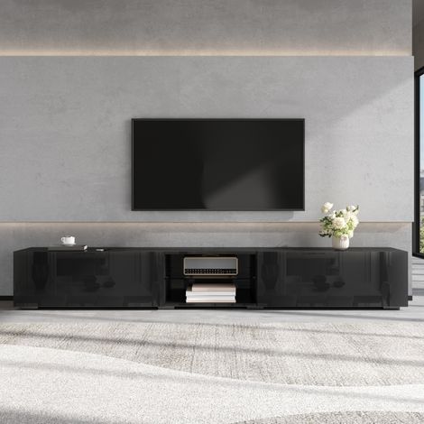 Meuble TV 200x30x30 cm en MDF et panneau de particules noir, LED, rangement pour salon – MEUBLIV (1/5)
