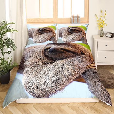 Parure de lit 2 pièces avec housse de couette 135 x 200 cm, motif animal mignon paresseux lent imprimé, style sauvage décoratif, pour fille garçon (1/5)
