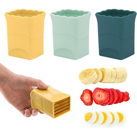 Juego de 3 cortadores de fruta: cortador de fresas, cortador de plátanos, uvas y huevos – corte rápido y seguro – ayudante de cocina (1/5)