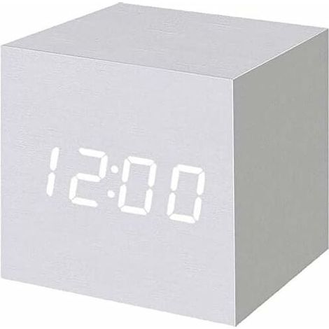 Digitaler Wecker aus Holz mit LED-Beleuchtung, digitaler Würfelwecker mit Datums- und Temperaturanzeige, USB-/Batterieanschluss (Weiß) (1/5)