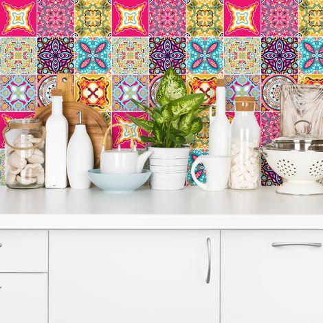 Sticker Mural Carrelage adhésif Cuisine Salle de Bain - 9 STICKERS CARREAUX DE CIMENT AZULEJOS ALIDA - 9stickers20x20cm (1/5)
