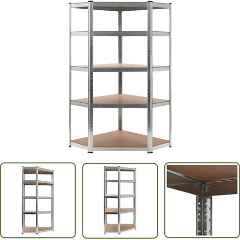 The Living Store Étagère d'angle à 5 niveaux Argenté Acier et bois d'ingénierie - Étagère D'angle - Rangement - Meuble De Rangement - Étagère Industrielle - Étagère Métallique (1/5)