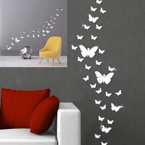 25 silberne Schmetterlings-Wandaufkleber mit Spiegeleffekt, Dekoration für Wohnzimmer, Schlafzimmer, Möbel, Fernseher, selbstklebende Acrylfolie, TV-Stick-Design. (1/4)