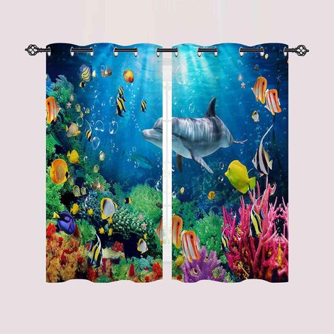 Rideau Occultant Océan Poisson Dauphin Coraux Rideau Thermique Isolant Draperies Intérieurs Tenture Opaque à Oeillets pour Maison Chambre Salon Fenetre 2 Pièces L 60 x H 90 cm - 60L X 90H cm (2 Pannea (1/5)