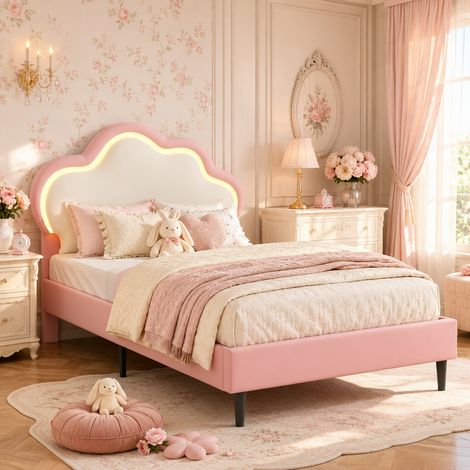 Lit enfant 90 x 200 cm avec sommier à lattes - Lit simple avec bande lumineuse LED réglable - PU - Rose + Blanc - Motif nuage - Tête de lit réglable en hauteur (1/5)