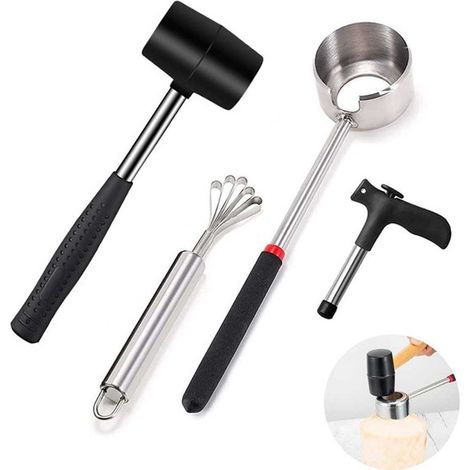 Juego de herramientas para abrir cocos, Abre fácilmente cocos frescos y maduros, martillo, rallador y punzón, Ideal para la cocina, Plateado (1/5)