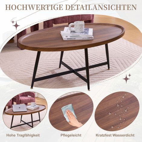 Table de salon ovale design scandinave minimaliste, table basse en bois avec piètement métallique, table à thé moderne pour séjour