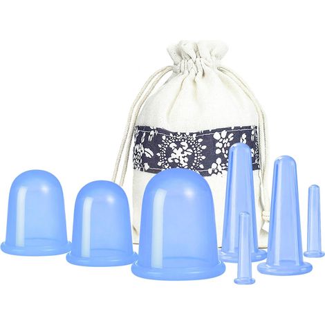 Ensemble complet de ventouses en silicone de 7 pièces avec sac de rangement - Thérapie par ventouses sous vide en 7 tailles différentes pour le corps, le visage et la cellulite - Bleu (1/5)