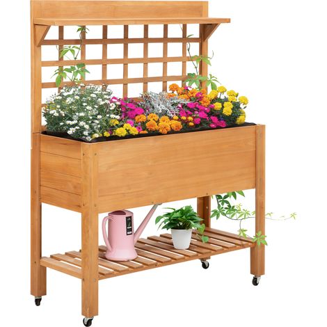 Outsunny Hochbeet Pflanztisch Blumentisch Arbeitstisch Gärtnertisch Gewächshaus Holzpflanztisch für Garten Balkon, 105 x 40 x 135 cm, Tanne, nicht gewebter Stoff, Braun